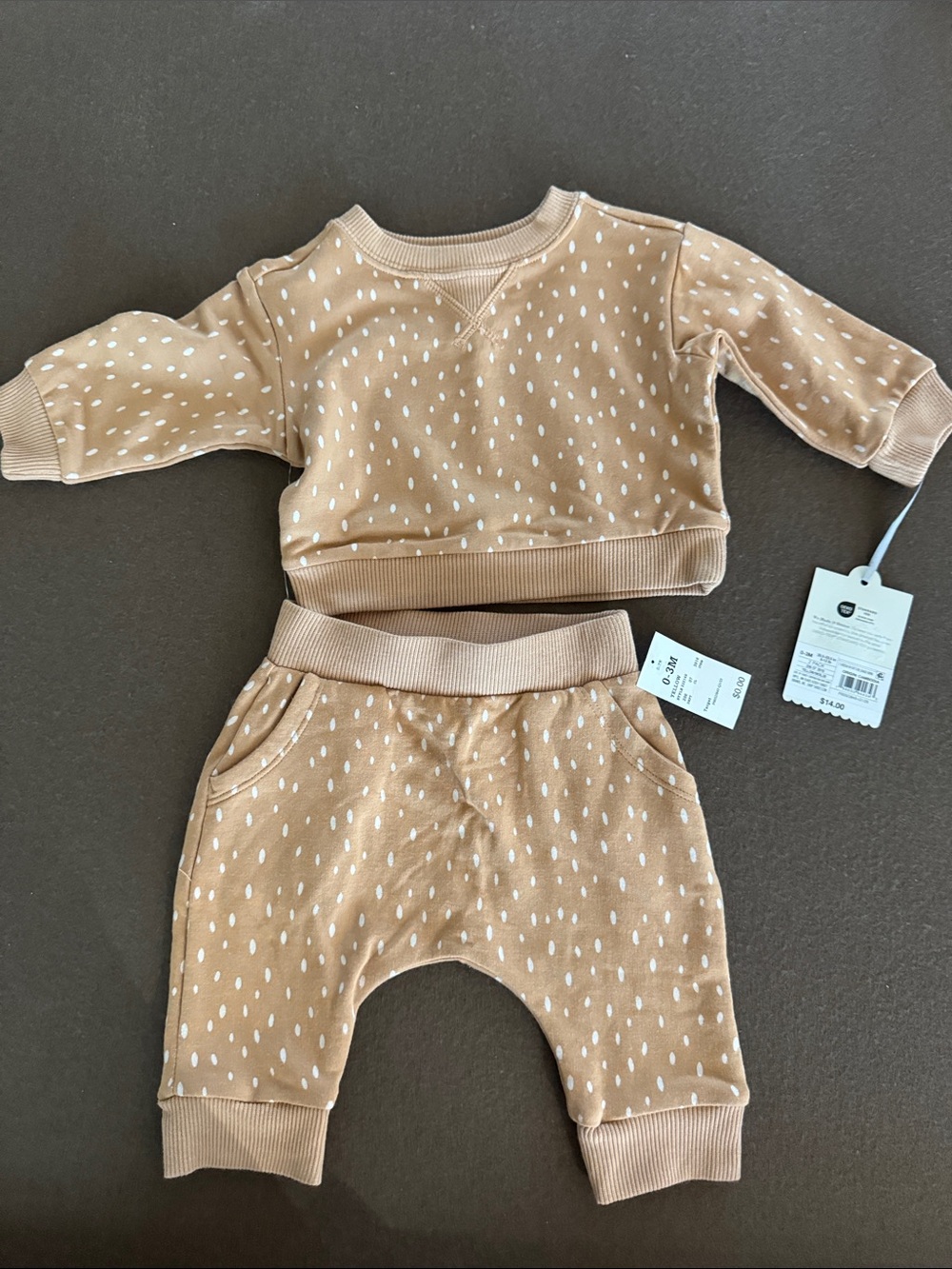 cloud island Tan Sweatshirt & Jogger Set with White Dot Print